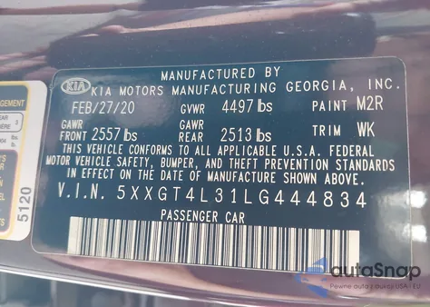 2020 Kia Optima Lx из США, поврежденный, VIN 5XXGT4L31LG444834